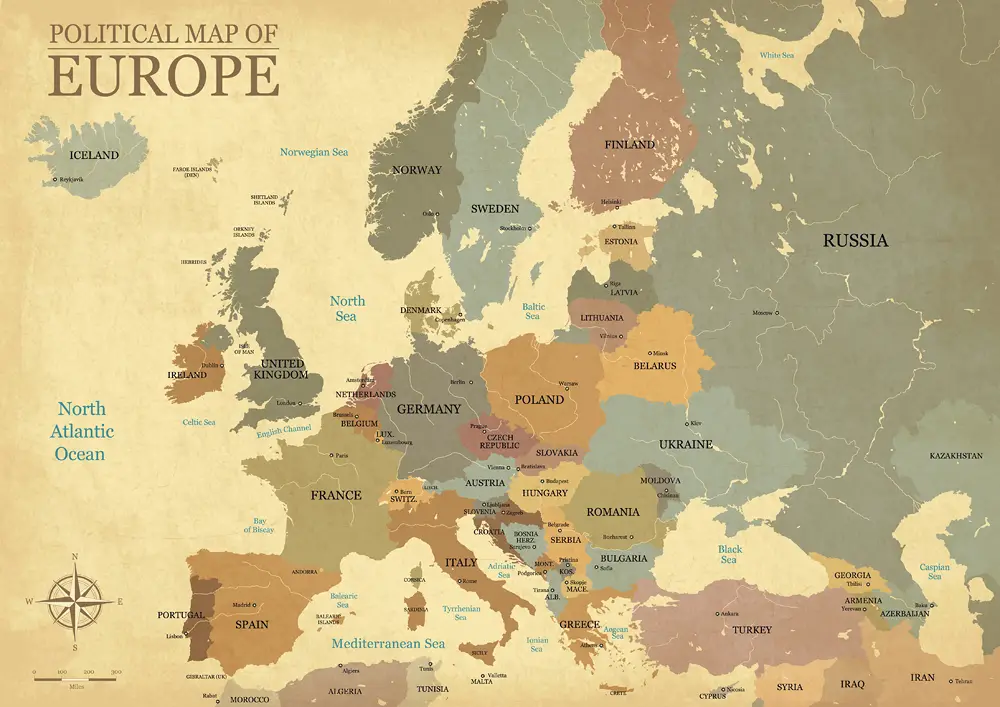 Landkarte von Europa mit Ländern und Topografie